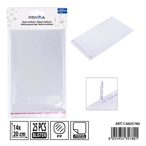 [0242385] Pack de 50 bolsas OPP 14x20 cm PRYMA con cierre adhesivo - Perfectas para almacenamiento