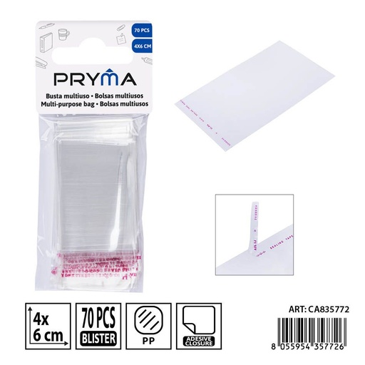 [0242383] Pack de 100 bolsas OPP 4x6 cm PRYMA con cierre adhesivo - Ideal para accesorios
