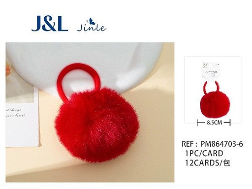 [8445801390363] Coletero pompom 8.5 cm rojo 12/u - Gomas para cabello