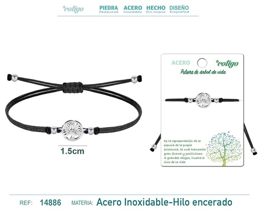 [14886] Pulsera de hilo encerado negra con árbol de la vida en acero plateado - Accesorios de bisutería