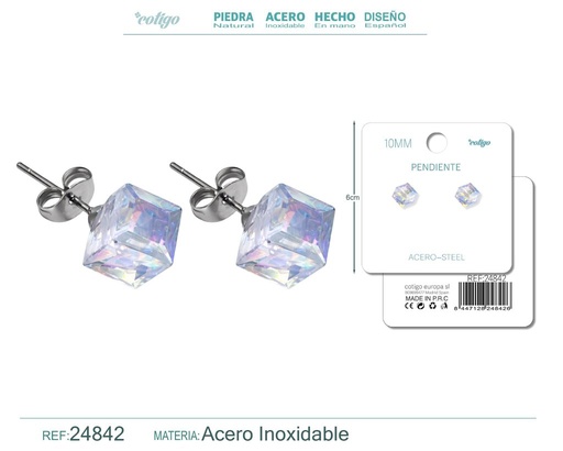 [24842] Pendiente de cristal cuadrado 10mm con accesorio de acero - Accesorios de bisutería