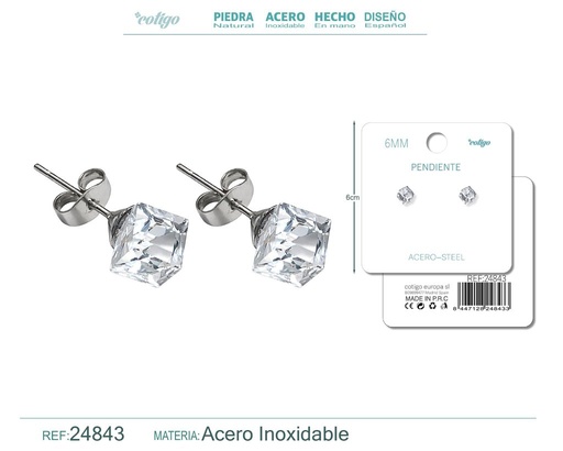 [24843] Pendiente de cristal cuadrado 6mm con accesorio de acero - Accesorios de bisutería