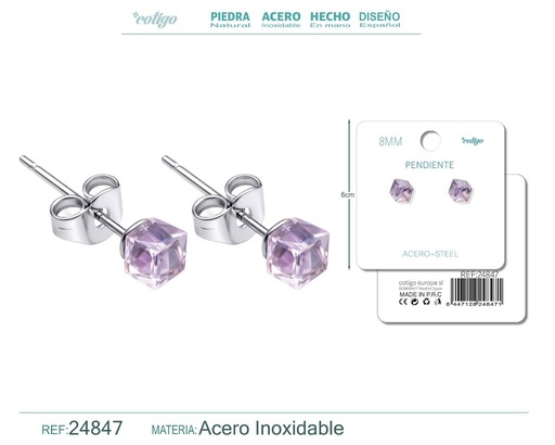 [24847] Pendiente de cristal cuadrado 8mm con accesorio de acero - Accesorios de bisutería
