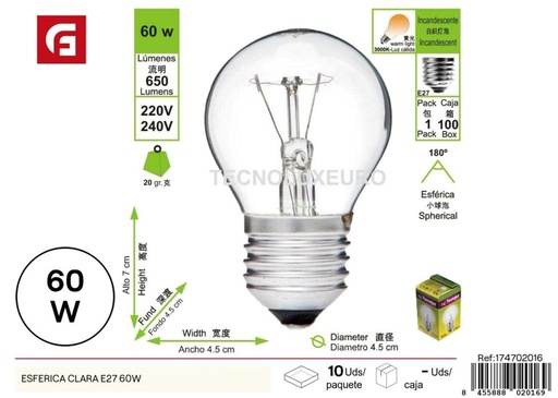 [174702016] Bombilla esférica E27 60W - Iluminación LED para el hogar