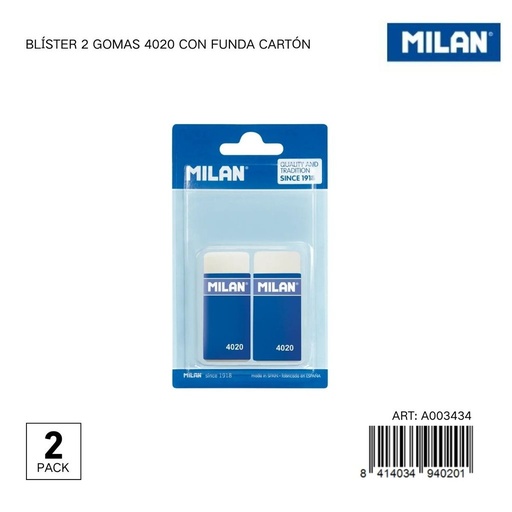 [A003434] Goma de borrar MILAN 2 piezas con funda de cartón - Papelería y útiles escolares