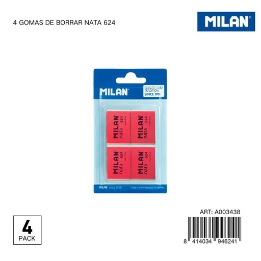[A003438] Goma de borrar MILAN 4 piezas - Papelería y útiles escolares