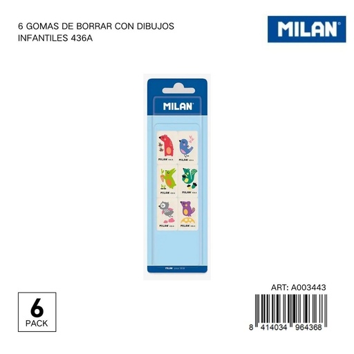 [A003443] Goma de borrar con dibujos infantiles 6 piezas MILAN - Papelería y útiles escolares