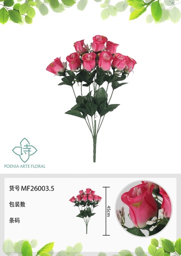 [MF26003.5] Rama artificial de rosa 9 cabezales 45 cm rosa - Planta decorativa