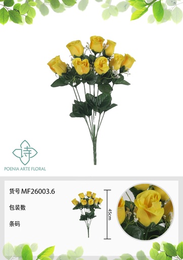 [MF26003.6] Rama artificial de rosa 9 cabezales 45 cm amarilla - Planta decorativa