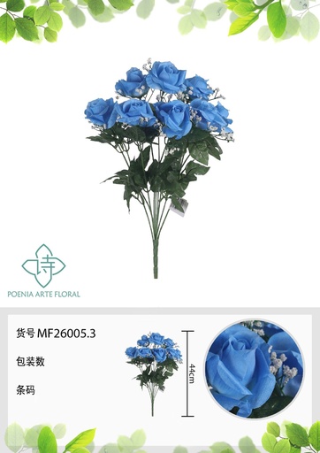 [MF26005.3] Rama artificial de rosa 9 cabezales 44 cm azul - Planta decorativa