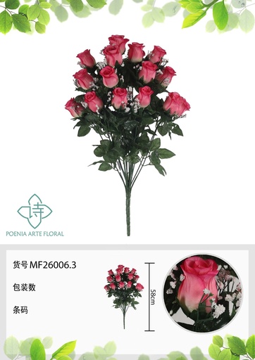 [MF26006.3] Rama artificial de rosa 18 cabezales 58 cm fucsia - Planta decorativa