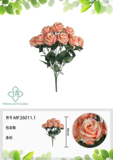 [MF26011.1] Rama artificial de rosa 9 cabezales 45 cm salmón - Planta decorativa