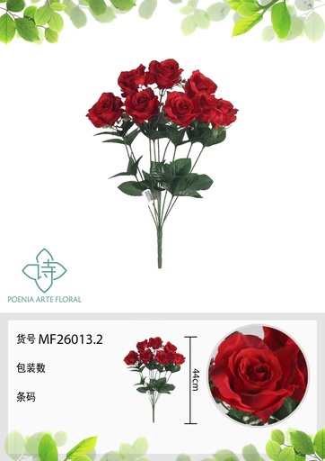 [MF26013.2] Rama artificial de rosa 9 cabezales 44 cm roja - Planta decorativa