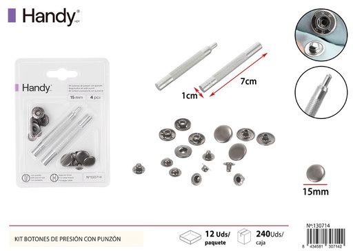 [130714] Kit de botones de presión metálicos de 15 mm / 4 piezas - Accesorios de costura