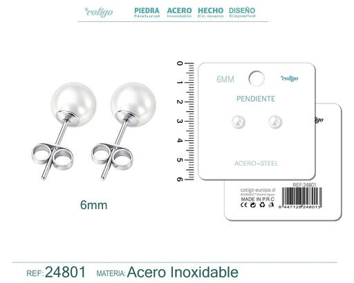 [24801] Pendiente de perla redonda de 6 mm con accesorio de acero - Joyería y accesorios