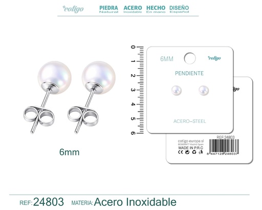 [24803] Pendiente de perla redonda de 6 mm con accesorio de acero - Joyería y accesorios