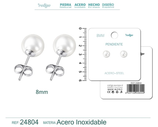[24804] Pendiente de perla redonda de 8 mm con accesorio de acero - Joyería y accesorios