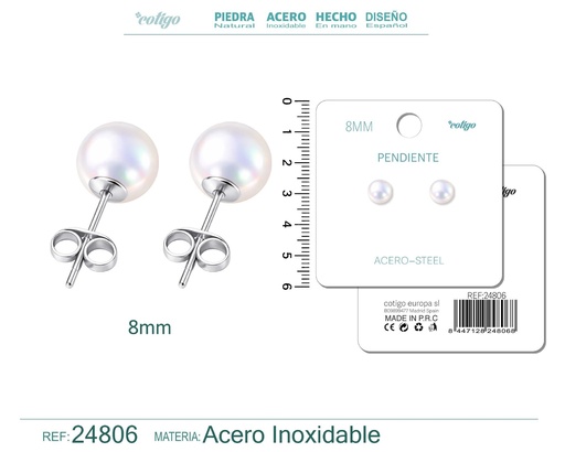 [24806] Pendiente de perla redonda de 8 mm con accesorio de acero - Joyería y accesorios