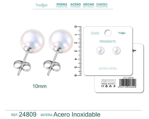 [24809] Pendiente de perla redonda de 10 mm con accesorio de acero - Joyería y accesorios