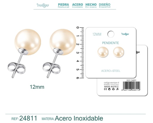 [24811] Pendiente de perla redonda de 12 mm con accesorio de acero - Joyería y accesorios