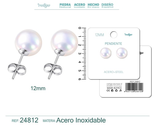 [24812] Pendiente de perla redonda de 12 mm con accesorio de acero - Joyería y accesorios