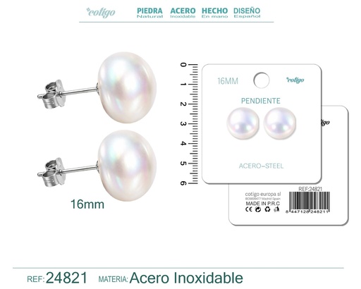 [24821] Pendiente de perla ovalada de 16 mm con accesorio de acero - Joyería y accesorios