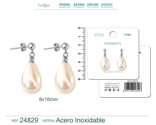 [24829] Pendiente de perla gotita de 8x16 mm con accesorio de acero - Joyería y accesorios