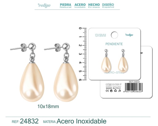 [24832] Pendiente de perla gotita de 10x18 mm con accesorio de acero - Joyería y accesorios