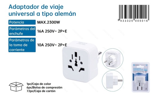 [171000501] Adaptador de viaje universal a tipo alemán - Adaptadores de enchufe para viajeros