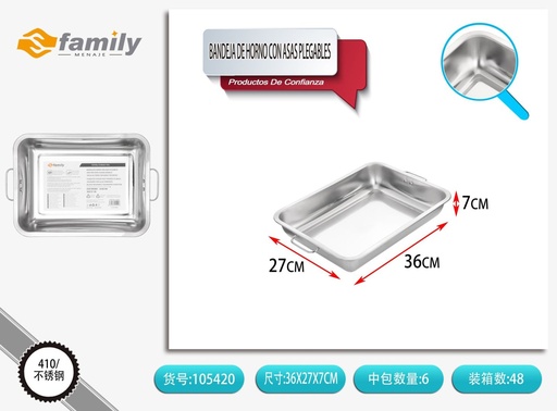 [105420] Bandeja de horno de acero inoxidable de forma cuadrada con asas plegables 36*27*7 cm - Bandejas para hornear