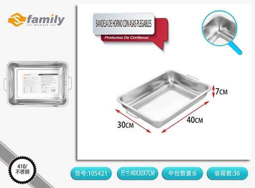 [105421] Bandeja de horno de acero inoxidable de forma cuadrada con asas plegables 40*30*7 cm - Bandejas para hornear