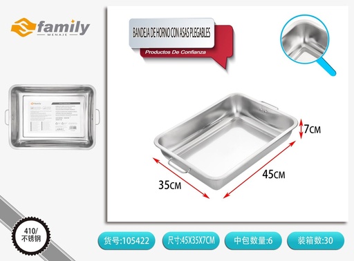 [105422] Bandeja de horno de acero inoxidable de forma cuadrada con asas plegables 45*35*7 cm - Bandejas para hornear