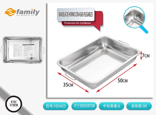 [105423] Bandeja de horno de acero inoxidable de forma cuadrada con asas plegables 50*35*7 cm - Bandejas para hornear