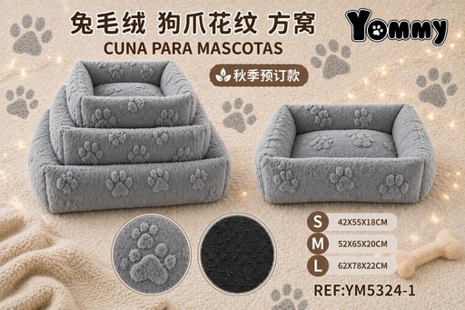 [YM5324-1] Cuna para perro de felpa gris con diseño de patas - Camas y refugios para mascotas