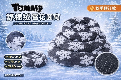 [YM5375-1] Cuna redonda de felpa con diseño de copos de nieve gris - Camas de mascotas confortables