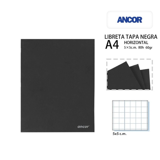 [A000978] Libreta tapa negra A4 cuadrícula 80h/60g - Cuadernos y papelería