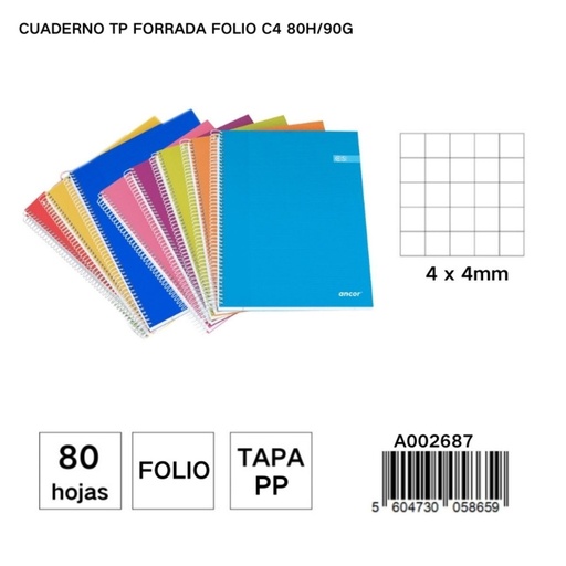[A002687]  Cuaderno de tapas duras A4 en cuadros de 80 hojas 90g - Material escolar
