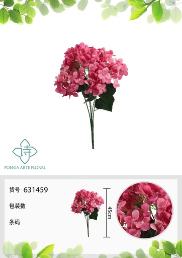 [631459-1FUSIA] Decoración artificial, flores 3D hortensia de 5 ramas y 4 esquinas 45 cm - Novedades en flores