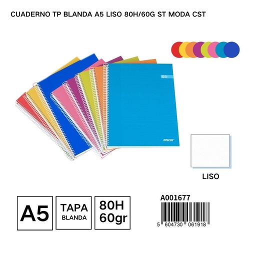 [A001677] Cuaderno blando A5 liso 80 hojas/60g para notas y oficina