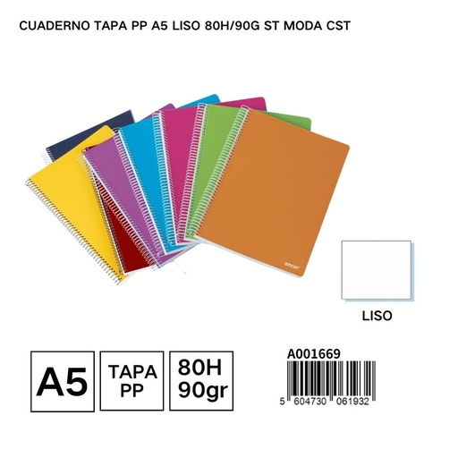 [A001669] Cuaderno PP A5 liso 80 páginas 90g - Cuaderno de plástico para estudiantes