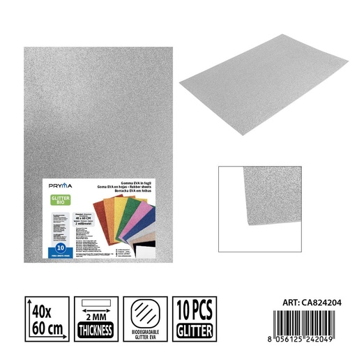 [0243778] Goma EVA con purpurina bio 40x60 cm 2 mm plateada - Material artístico y de papelería