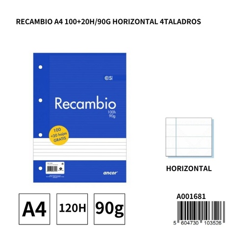 [A001681] Recambio A4 100+20h/90g horizontal 4 taladros para carpetas y archivadores