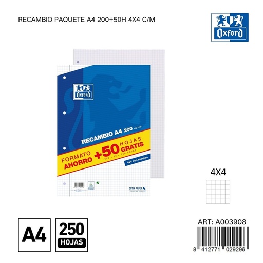 [A003908] Recambio A4 250 hojas 4x4 Oxford - Papelería y material escolar