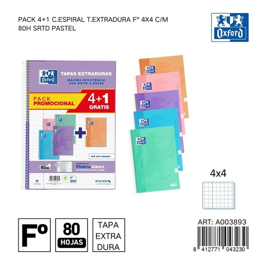 [A003893] Cuaderno Oxford C.espiral T.extradura 4x4 5 unidades - Papelería y material escolar