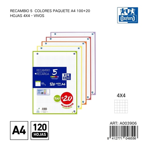 [A003906] Recambio A4 120 hojas 4x4 Oxford - Papelería y material escolar