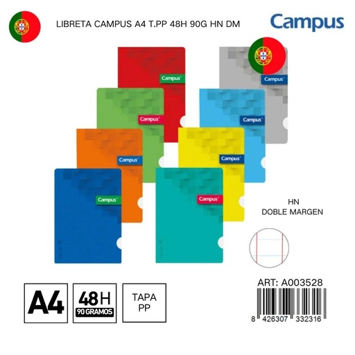 [A003528] Libreta CAMPUS A4 T.PP 48H 90G HN DM - Libreta con tapa blanda y espiral