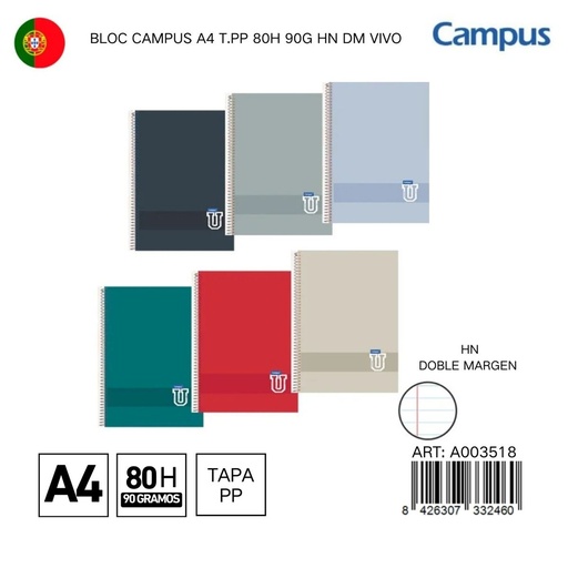 [A003518] BLOC CAMPUS A4 T.PP 80H 90G HN DM VIV - Libreta espiral para apuntes y notas