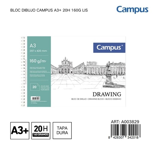 [A003829] BLOC DIBUJO CAMPUS A3+ 20H 160G LIS - Libreta grande para ilustraciones y diseños