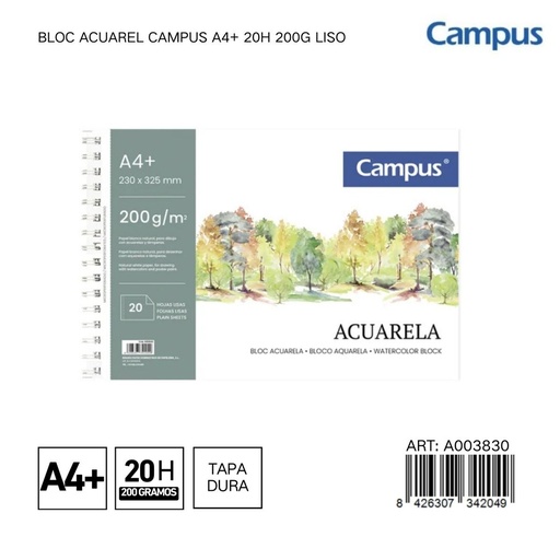 [A003830] BLOC ACUAREL CAMPUS A4+ 20H 200G LISO - Libreta de acuarelas para artistas