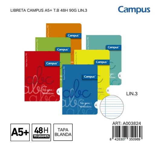 [A003824] LIBRETA CAMPUS A5+ T.B 48H 90G LIN.3 - Libreta grapada con diseño creativo
